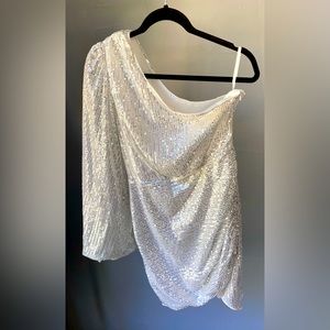 Silver Sequin Mini Dress One Shoulder Flare Arm Party Club Night Out￼ Cruise